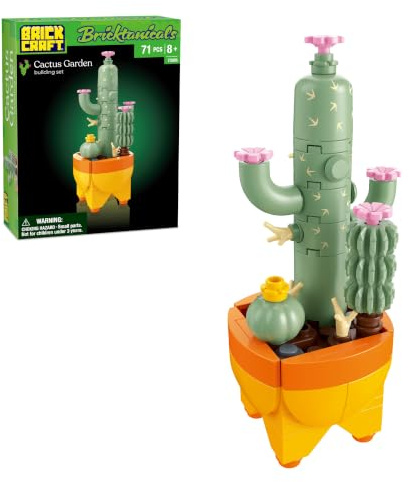 Brickcraft Bricktanicals Cactus Garden Building Kit (71 Pieces), Sage Saguaro with Pink Blooms in Terracotta Pot, Buildable Desk Decor Gift for Adults, Ages 8+