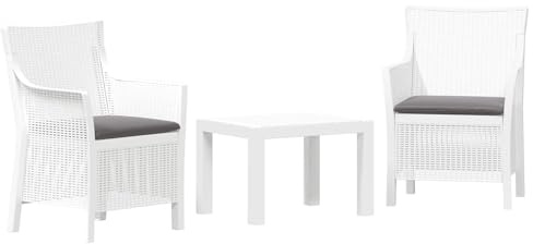 QJBSAVVA Balkonmöbel Set 3-teilig Lounge Gartenmöbel Set mit Kissen Kunststoff Loungeset Weiß 2 Bequeme Gartensessel und Beistelltisch für Kleinen Balkon Terrasse und Garten