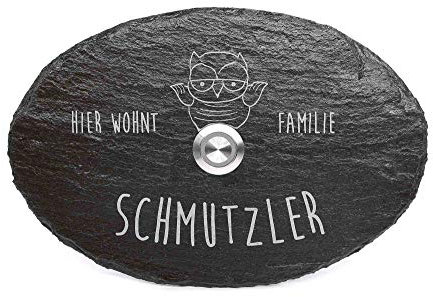Klingelschild Eule aus Naturschiefer mit Wunschgravur und Klingeltaster in Wunschfarbe