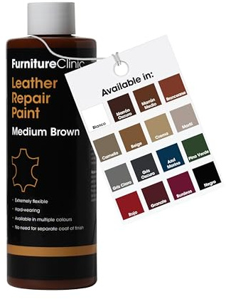 Furniture Clinic Peinture & Teinture Réparatrice Cuir | Colorant Auto-Scellant, Réparation Rapide et Facile | Canapés, Sièges Auto, Chaussures, Sacs à Main - Marron Moyen, 250ml