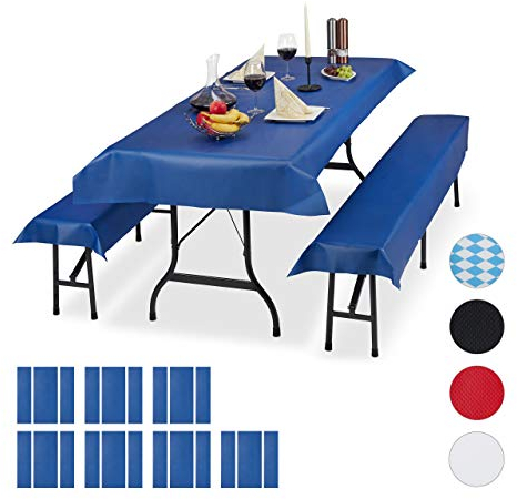 Relaxdays 24x Bierzeltgarnitur Auflage, 8 Biertisch Tischdecken 250x100cm, 16 Bierbankauflagen 250x55cm, Outdoor, abwaschbar, blau