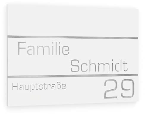 Graviers Design Numero civico personalizzabile in vetro acrilico + acciaio inox V2A 215 x 150 mm Bianco, Resistente alle intemperie, Antiruggine, Targa per porta d’ingresso, Made in Germany