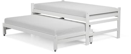 Twin XL Over Twin Size Bed Pennsylvania White Wooden Wheeled Platform Bed Solid Pine Wood with Casters with Wooden Slats Mattress Support/No Box Spring Needed – Two Beds Set