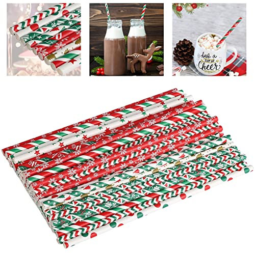 50pcs Christmas Straws for Party Cups, Red White Green Paper Drinking Straws in Snowflake/Xmas Tree/Star/Stripe Design Christmas Party Tableware Home Bar Drink Cocktail Accessories, Biodegradable