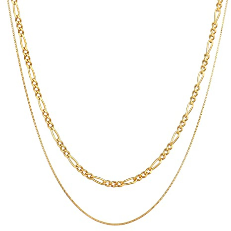 Kuzzoi Herren Halsketten Set aus 925 Sterling Silber vergoldet, Massive Figarokette 3 mm, Feine Venezianer Kette 1 mm für Manner, 2 goldene Herrenketten, Länge 50 + 55 cm
