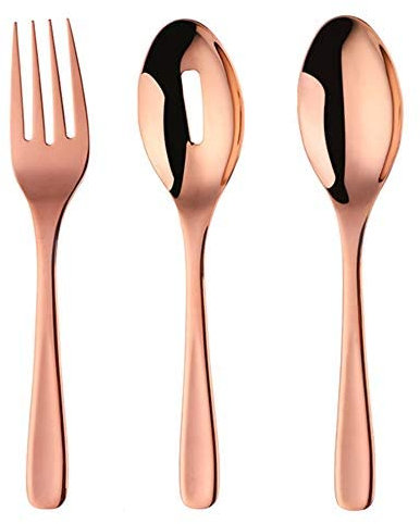 Salad Spoon Fork Serving Set of 3, 10 inch Heavy Duty Stainless Steel Polished Servers Spoon, Fork, Slotted Spoons (Rose Gold)