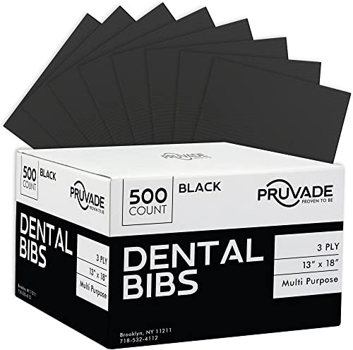 Pruvade Dental Bibs - 500 Pack Adult Disposable Bibs 3-Ply for Dentist, Eating, Tattooing - 13 x 18 Waterproof Medical Sheets for Piercing, Tattoo Table Station, Nail Techs, Patient Hygiene - Black