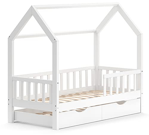 VitaliSpa Hausbett Wiki, Bett aus Holz, Weiß, 80x160 cm mit Gästebett