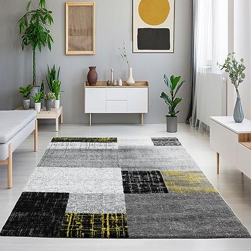 VIMODA Designer Teppich Kurzflor Moderner Wohnzimmer in Gelb, Grau und Weiß mit Kachel Optik, Maße:120x170 cm