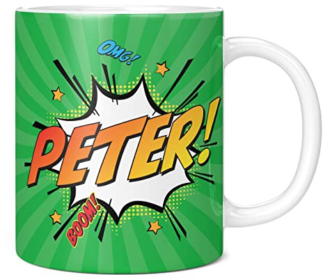 Mug Monster - Personalised Name Mug, Comic Super Hero Customised Gift with Text - Ceramic Coffee Cup, Gift for Men or Women, Extra Large and Giant Available, 20oz White, Green
