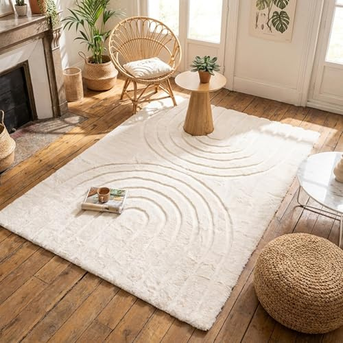 FRAAI | Home & Living Hochflor Teppich - Carvy Arches Creme - 160x230 cm - Boho, Modern, Skandinavisch - Wohnzimmer, Kinderzimmer, Schlafzimmer, Babyzimmer - Fellteppich
