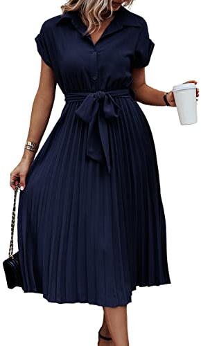 ASOMI Sommerkleid Damen Hemdkleid Kurzarm: Elegant Kurzarm Strandkleid Büro Wickelkleid Mode Tasche Hemdblusenkleid Lässig Blusenkleid Midikleid Knopf Plisseekleid V-Ausschnitt Gürtel B-Dunkelblau L