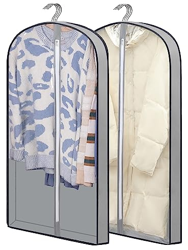 Garment bags Suit cover bags for hanging clothes 100cm, Moth Proof Dress Bag Covers Damp-proof Suit Storage Bag Clothes, Plastic Protector for Jacket, Coat, Sweater, Shirts 2 Packs (Grey)