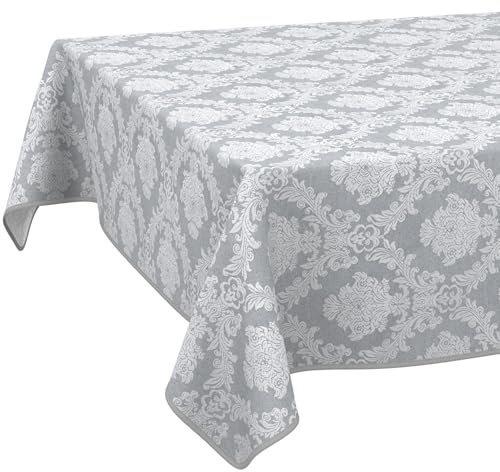 Stoff Tischdecke Textil Tischwäsche Tischtuch Baumwolle Polyester abwaschbar Uni Ornament Damast Jacquard Gewebe waschbar Barock Grau 160x140cm mit Saum (Eingefasst)