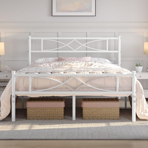 Yaheetech 5ft King Bed Frames Metal Slatted Bed Platform with Curved Design Headboard and Footboard, Under-bed Storage, No Box Spring Needed, 12 Built-in Steel Slats, White