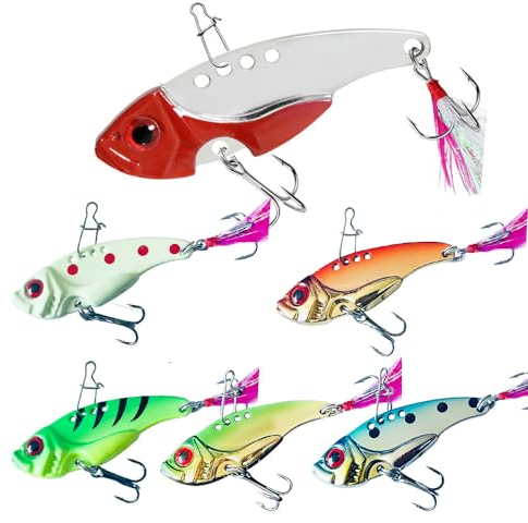 Senvenelec 6 Stück (12 g) 3D-Eye-Angelköder, harte Angelköder, ViB, Metallköder, mit Schwanzborsten, mit Nadeln, Design mit Doppelhaken.