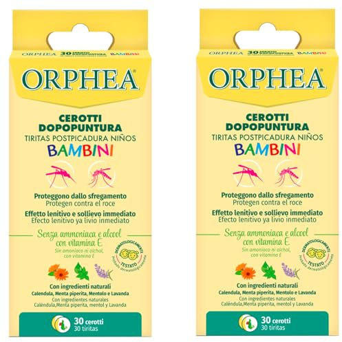 Orphea Cerotti Dopopuntura per Bambini ad Azione Lenitiva Sollievo Immediato Contro Zanzare Comuni e Tigre Formula Delicata con Estratti Naturali e Vitamina E Senza Ammoniaca e Alcool - 60 Cerotti