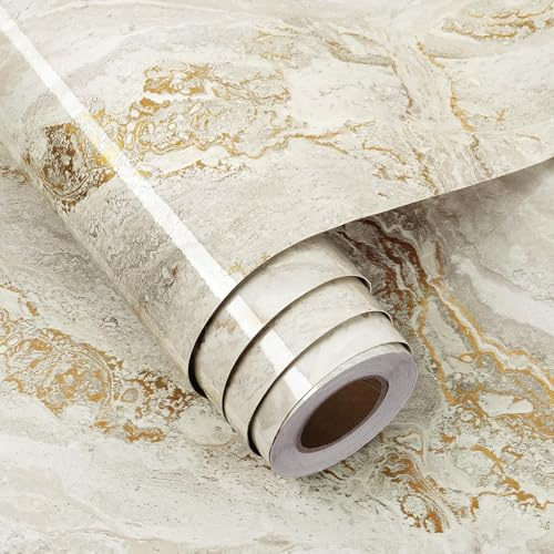 FunStick 60CM×5M Klebefolie Küchenrückwand Marmor Tapete Selbstklebend Creme Beige Klebefolie Marmoroptik Fensterbank Abnehmbare Marmor Folie Arbeitsplatte Küche Badezimmer Beige Gold Wand Tapeten