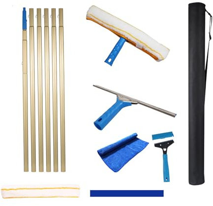Window Cleaning Equipment, Windows Squeegee Cleaner with 9m Extension Pole, Wiper Rubber Blade 35cm, Glass Cleaning Tools for Indoor/Outdoor High Window Yellow