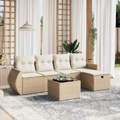 Rantry 6-TLG. Gartenmöbel Set mit Kissen Gartensofa Balkonsofa Balkonmöbel Gartenlounge Loungesofa mit Gartentisch Ecklounge Ecksofa Sitzgruppe Loungemöbel Beige Poly Rattan