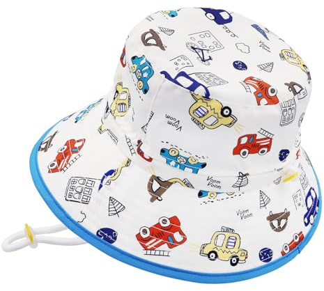 FenFang Sonnenhut Baby Verstellbar, Kinder Fischerhut Schnelltrocknend, Breite Krempe Sonnenmütze Strandhut Sommerhut Kappe Jungen (DE/NL/SE/PL, Alter, 2 Jahre, 8 Jahre, Weißes Auto)