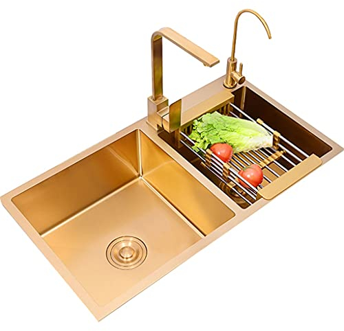 304 Edelstahl-Küchen-Doppelwaschbecken, Doppelschüsseln, Balkon-Doppelwaschbecken, Goldenes Nano-Quadrat-Doppelwaschbecken, Leicht Zu Reinigen, Einschließlich Verschiedenem Zubehör (Farbe: G