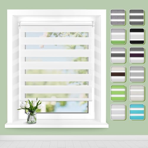 Doppelrollo Klemmfix ohne Bohren B85 x H110cm(Stoffbreite 81cm) Weiß, Rollos für Fenster, Rollo ohne Bohren mit Lichtdurchlässig und Verdunkelnd/Höhe Stufenlos Verstellbar/Kindersicherung