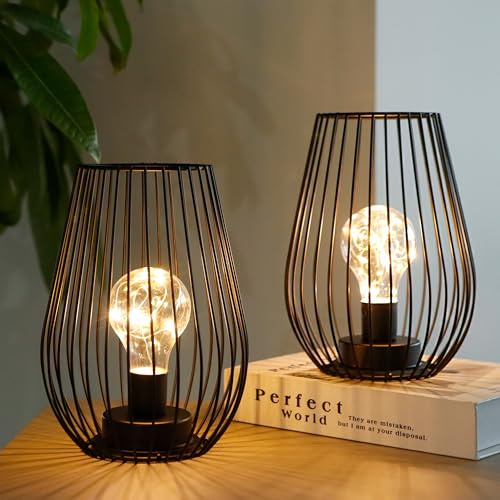 TRIROCKS Kabellose Tischlampe aus Metall 20 cm Hoch 2er-Set Käfigförmige Batteriebetriebene Lampe mit Lichterkette für den Innen- und Außenbereich für den Weihnachtsgarten Hochzeiten(Schwarz 2er-Set)