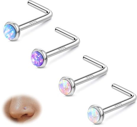 Sllaiss 20G Nasenpiercing Silber 925 Nasenstecker 4 Stücke Opal Nasenpiercing Stecker Piercing Set L Form Nase Piercing Schmuck für Damen Männer Nostril Piercing Schmuck (SILBER 2MM)