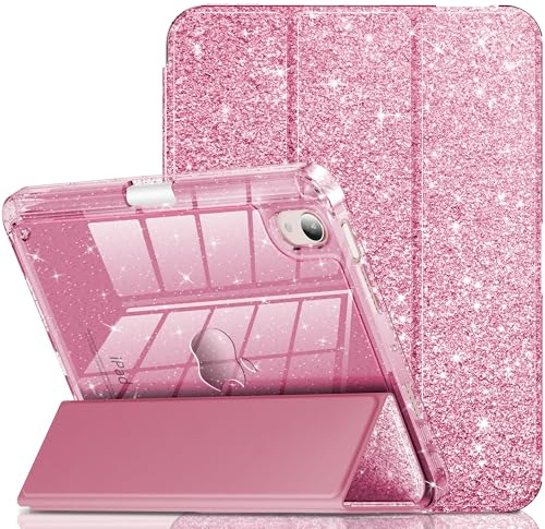 INFILAND Coque pour iPad mini 7 (A17 Pro), iPad mini 6, iPad mini 7e/6e génération 2024/2021 8,3, jolie coque de protection transparente à paillettes avec porte-crayon pour enfants, filles, rose