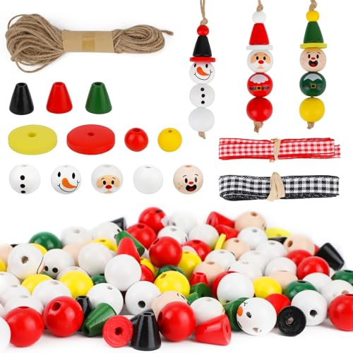 180 Stk Weihnachtsbasteleien für Erwachsene, Weihnachtsperlen aus Holz mit 2 Bändern und 1 Schnur Süßes Weihnachtsbastelzubehör für Erwachsene Weihnachtsschmuck Sets