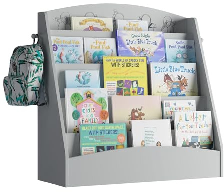 NACHES Kinder Bücherregal mit 5 offenen Fächern und Haken 80x30x75cm (Grau) | Kinderregal Holz, Montessori Aufbewahrungsregal für Kinderzimmer