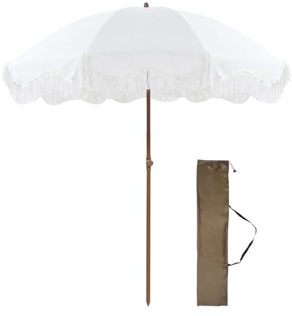 Style Parasol de plage avec franges, protection UV, fonction d'inclinaison, 8 baleines robustes, sac de transport, idéal pour jardin, terrasse, balcon, extérieur Blanc 2 m