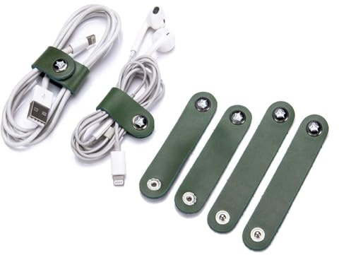 GreatRise 20 Stück Leder Kabelbinder Tragbare Kabelhalter Set Wiederverwendbare Kopfhörer Kabelbinder USB-Kabel Lederband Kabelclips Kabelmanagement für Reise, Zuhause, Schule Und Arbeit Olivgrün