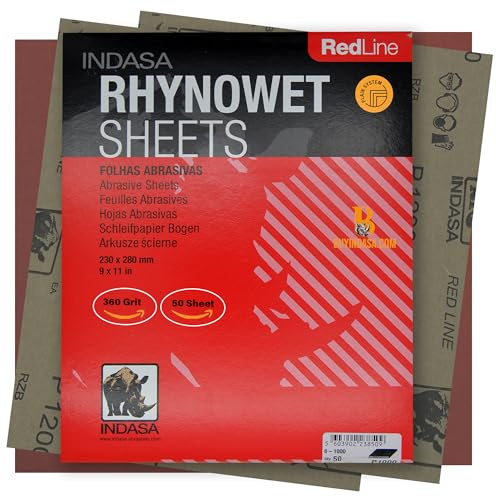 Indasa 50 PCS Redline Full Sheets 9x11 Wet & Dry Sanding Sheets Series 6 – Rhynowet – 360-Grit – Waterproof Latex Backing