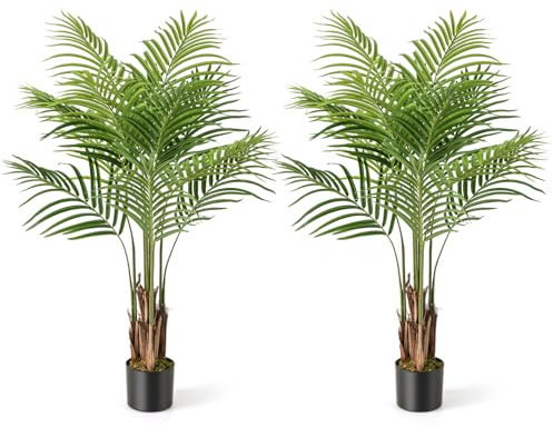 COSTWAY 128cm Tall Artificial Palm Paradise Plant, 2 Pack Large Fake Potted Tree with 12 PEVA Leaves, Realistic Trunk and Moss, Indoor Outdoor Tropical Palm Tree in Pot