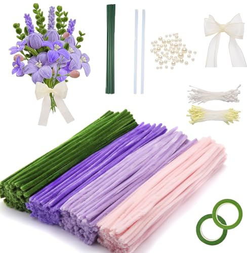 FRKOKRFA Pfeifenreiniger Blumen Set, 400 Stück Pfeifenputzer, Bouquet Pfeifenreiniger Set für DIY Basteln Blumen Dekorieren, Violett