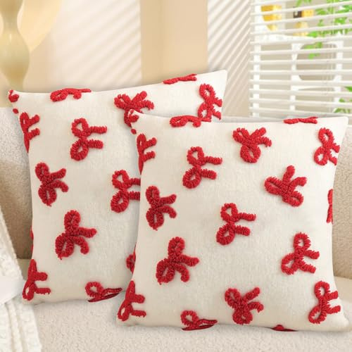 FUFRE 2 Stück Schleife Kissenbezug 45x45 cm, Kissenbezüge Schleifen 45x45 Deko Wohnzimmer Modern Kissenhülle Zimmer Deko Aesthetic Zierkissenbezüge Muttertag Dekokissen Geschenk für Mama (Rot)