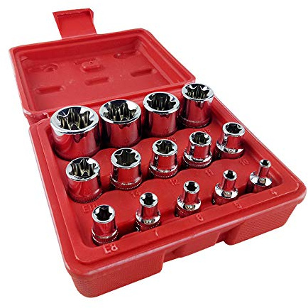 14-teiliger professioneller E-Torx-Steckschlüsselsatz mit Innengewinde, Chrom-Vanadium-Stahl-Steckschlüsseleinsätze | 1/4„, 3/8“, 1/2“ Antrieb, korrosionsgeschützt, schwarz phosphatiert, hochbelastbar