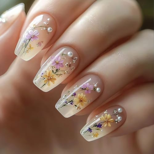 Shimmerz 24 pezzi unghie stampate a fiori corte forma a bara unghie finte primaverili unghie in acrilico con perline incantevoli unghie dolci per donne set manicure