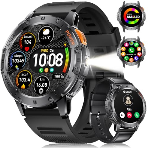 LIGE Smartwatch Uomo con Torcia/Chiamata Bluetooth, 100+ Modalità Sportive, Fitness, Impermeabile, 1,43'' AMOLED Orologio Smartwatch Uomo per iOS Android, Nero Silicone (2 Cinturini)