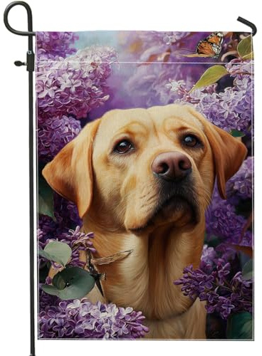 Drapeau de jardin lilas printemps-été, labrador jaune, fleurs, papillon, décoration d'intérieur, bannière de jardin, bannière de jardin, drapeau de pelouse double face, décoration extérieure 30,5 x