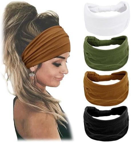 WOVOWOVO 4 Stück Damen Stirnband Elastische Weiche Extra Breit Haarband Kopfband Stirnbänder Boho Haarbänder Haarschmuck Haarreifen Headband für Yoga Exercise Workout Sport Fitness