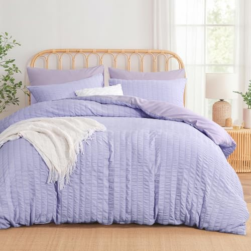 Aisbo Double Duvet Cover Set Lavender Purple Seersucker Bedding Set with 2 Pillowcases, Soft Breathable Textured Puckering Bed Quilt Cover Set with Zipper (200×200cm) 3pcs