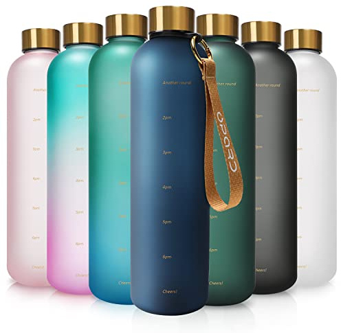 Opard Large Capacity Water Bottle with Time Markers, 1 Litre, BPA Free Tritan, Gold Lid, Motivational Tracker, Removable Strap