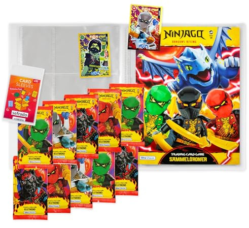 sefrado Bundle Exclusive Hüllen kompatibel mit Blue Ocean Ninjago 1 x Sammelmappe leer + 10 Booster Serie 10 Blutmond Trading Card Game 2025 + Bonus Karte LE 15 Mächtiger Zane + LE 9 Morro