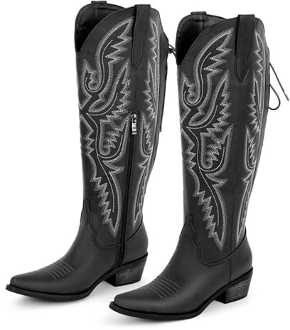 JHSDHYD Stivali Cowboy Donna Stivali da cowboy western con punta a punta, cerniera laterale, ricami, tacco a blocco, stivaletti da cowgirl da donna(Color1,8)