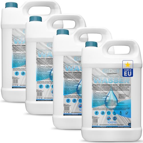 GiDeli Destilliertes Wasser 4 x 5 L Kanister - Vollentsalzt - Für Werkstatt | tragbare Einheiten für getrennte Stellplätze, kalkfrei für Dampfgerät, Aquarium und Kühlsystem, Griff zum Ausgießen