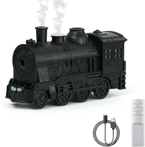 Steam Train Humidifier with Remote, 300ml Ultrasonic Aroma Diffuser with 4 Color Lights, 2/8H Timer, Auto-Off, for Bedroom, Office, Christmas/Nursery/Men/Women Gifts (Black)