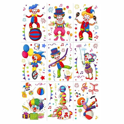 Fensterbilder Karneval, 9 Blatt Selbstklebend Clown Fenster Aufkleber, Statisch Haftende Fensteraufkleber Wiederverwendbar - Clown Fensterdeko Karneval, Faschingsdeko, Zirkus Deko (Blau)